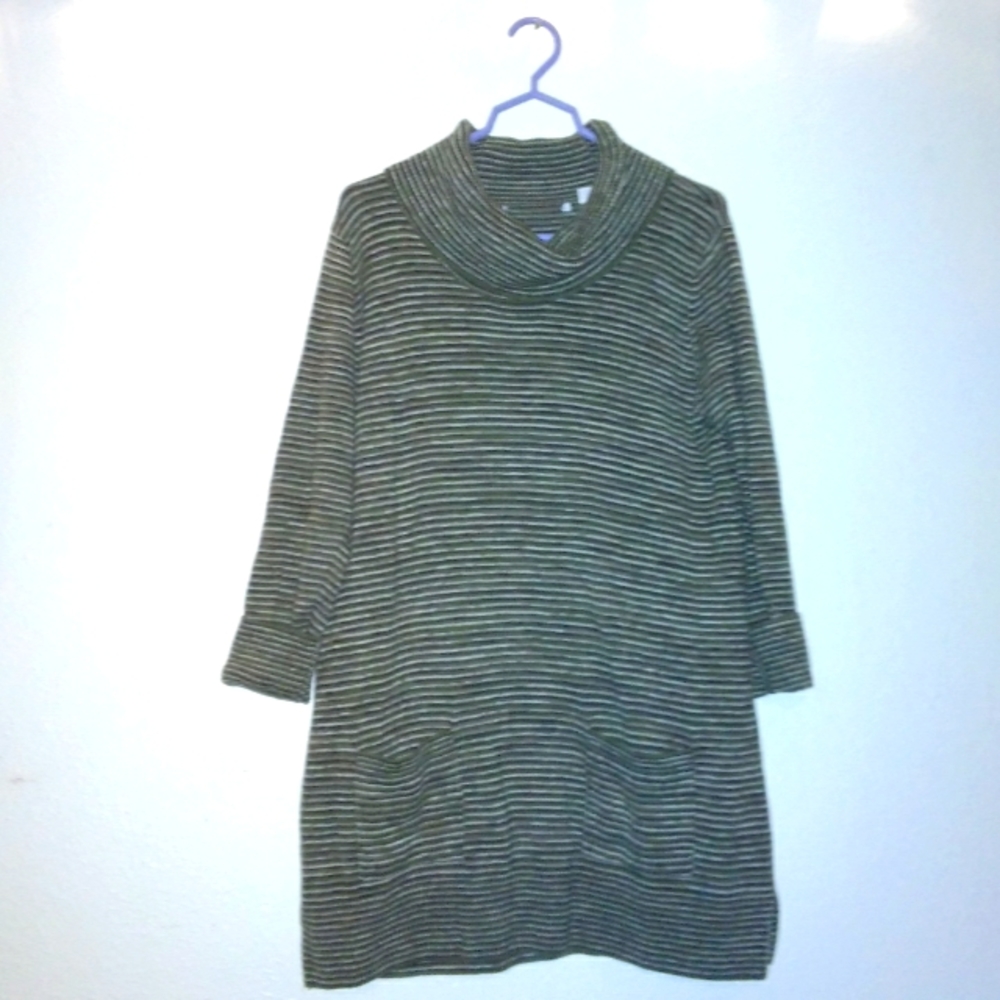 Jeanne Pierre Green Stripe Cowl Turtleneck Long Sweater